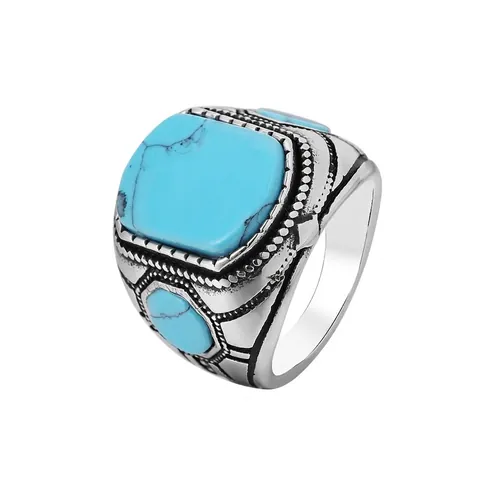 Anillo Vintage De Acero Inoxidable Para Hombre Con Turquesa Geométrica Tallado Estilo Bohemio Retro Joya