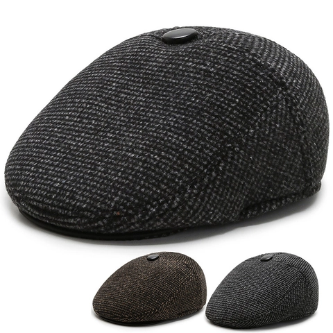 Heren Platte Pet Winter Warm Verdikte Polyester Wollen Britse Retro Ivy Hoed Met Opvouwbare Oorflappen Voor Koud Weer