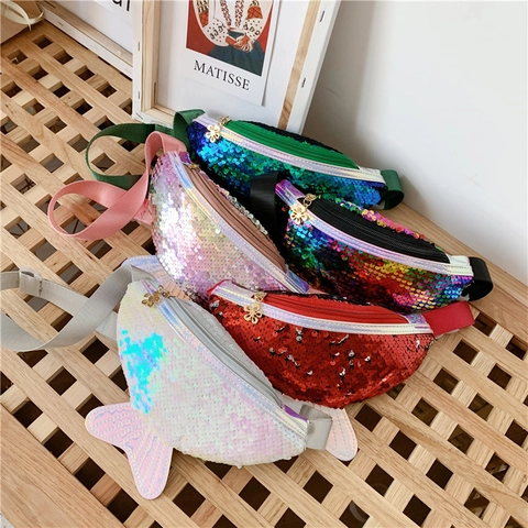 Kids Sequin Waist Bag Mermaid Fish Tail Shape Sparkly PU Leather Adjustable Strap Crossbody Chest Bag For Toddler Children