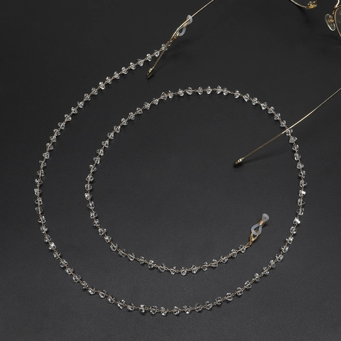 Catenella Per Occhiali Moda Metallo Dorato Con Perle A Cuore Nere E Cristalli Trasparenti Cordino Antiscivolo Da Donna