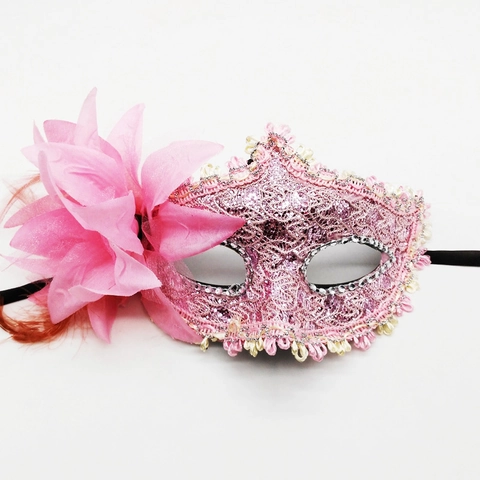 Maschera Mascherata Veneziana Pizzo Plastica Con Grande Fiore Raso Laterale Piuma Strass Per Halloween Carnevale