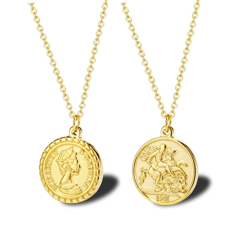 Queen Elizabeth II Portrait Coin Pendant Necklace Titanium Steel 18K Gold Plated Vintage Embossed Round Medallion