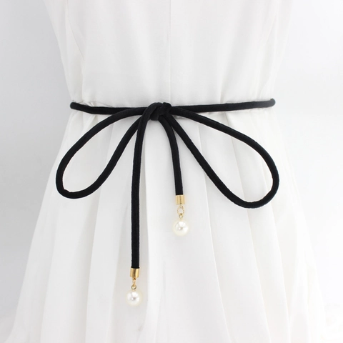 Women Thin Waist Rope Belt Velvet Cloth Knot Chain With Faux Artificial Pearl Pendants Elegant Dress Decoration For Ladies