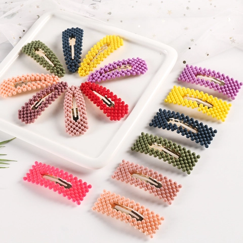 Korean Style Sweet Colorful Matte Beads Hair Clips For Women Girls Rectangular Water Drop Shape Snap BB Clips Metal Base