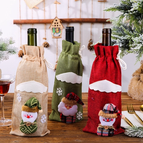 Christmas Wine Bottle Covers Linen Burlap Bag Santa Snowman Reindeer Dolls Drawstring Festive Table Dinner Party Decor