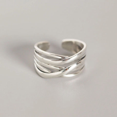 925 Sterling Silber Verstellbarer Ring Vintage Mehrlagig Gewebte Gekreuzte Linien Für Damen Retro Stil
