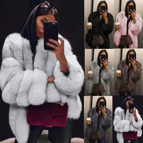 Women Faux Fur Coat Shaggy Mid-length Long Sleeve Warm Plush Jacket Outerwear Streetwear Elegant Winter Apparel