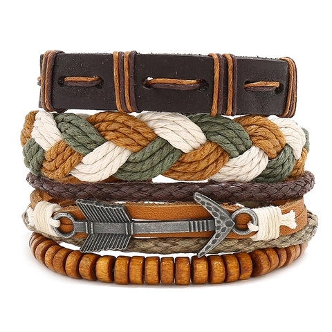 Pulsera De Cuero Trenzado Multicapa Piel De Vaca Cuerda De Cáñamo Cuenta De Madera Aleación Colgante Flecha Retro Bohemio Joyería Para Hombres Mujeres