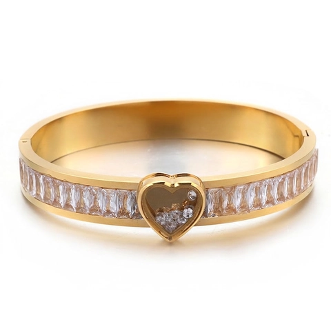Bracciale Rigido Con Ciondolo A Cuore Acciaio Inossidabile 316L Con Zirconi Mobili Gioielli Donna