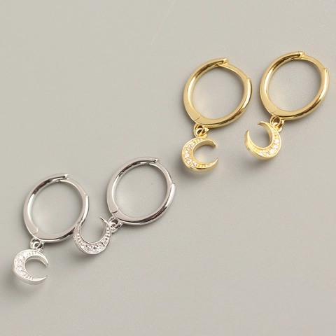 925 Sterling Silver Crescent Moon Hoop Earrings For Women Pave Cubic Zirconia Dainty Dangle Light Luxury INS Style