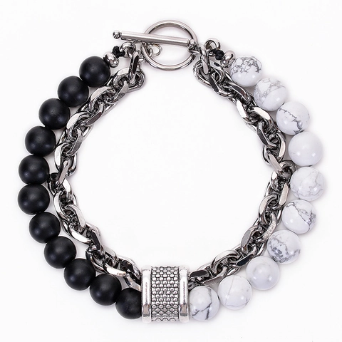 Double Strand Men Bracelet Natural Stone Beads Stainless Steel Chain T-Bar Toggle Clasp Jewelry