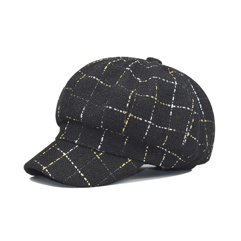 Cappello Da Strillone Donna Tweed A Quadri Berretto Ottagonale Stile Britannico Retro Chic Autunno Inverno Regolabile