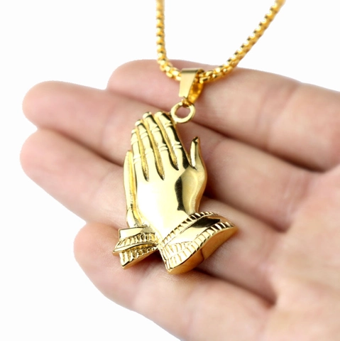 Betende Hände Anhänger Halskette Edelstahl Religiöser Hip Hop Schmuck Für Herren Und Damen Poliertes Finish