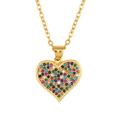 Collana Con Ciondolo A Croce E Cuore Rame Placcato Oro 18K Zircone Colorato Micro Pave Gioielli Di Moda Per Donna