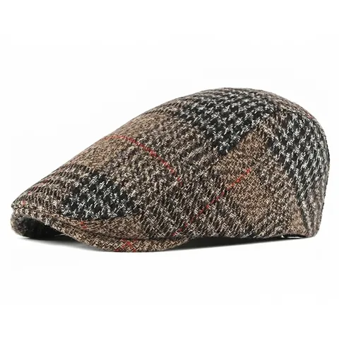 British Vintage Plaid Wool Blend Flat Cap For Men And Women Fashion Adjustable Beret Ivy Hat Casual Autumn Winter Warm Newsboy Cap