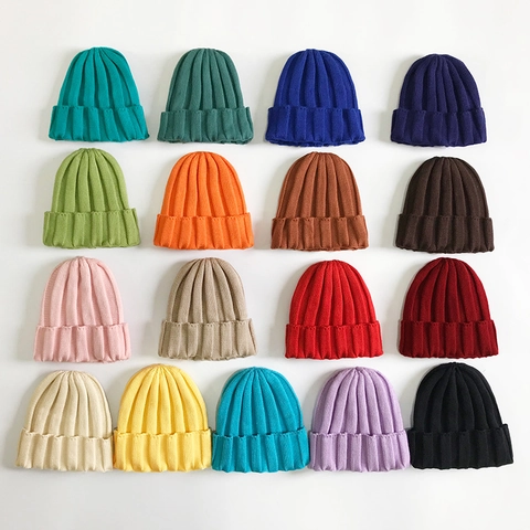 Gorro de Punto de Acrílico de Color Sólido para Niños y Adultos Moda de Canalé Invierno Cálido Gorro Suave Accesorio Diario
