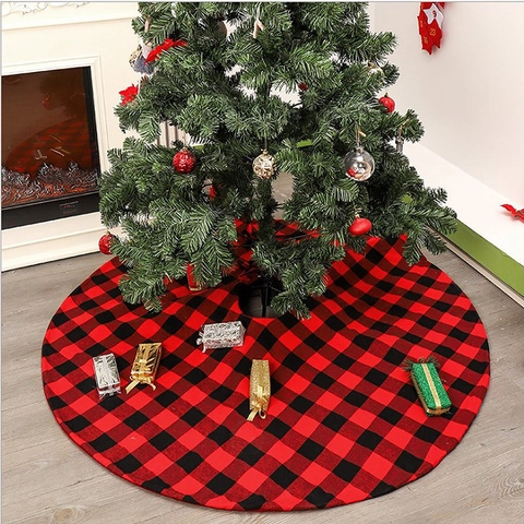 Christmas Tree Skirt Red Black Buffalo Plaid Check Cloth Ruffle Edge Round Ornament Home Holiday Party Decor