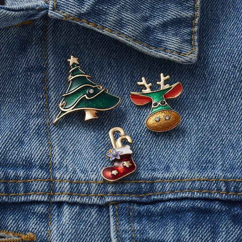 Broches De Noël En Alliage Émaillé Renne Sapin De Noël Père Noël Chaussette Bijoux De Fête Décoration Pour Femmes