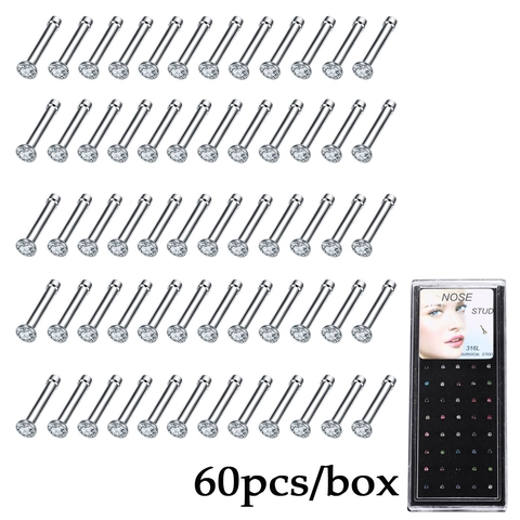 Nose Studs Rings 316L Surgical Steel Cubic Zirconia Straight Post C-Shape Hypoallergenic Body Piercing Jewelry Boxed