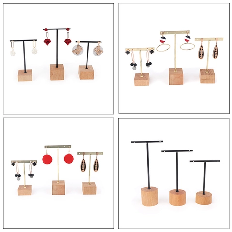T-Bar Earring Display Stand Holder With Wood Base And Metal Rack Jewelry Organizer Countertop Storage Showcase