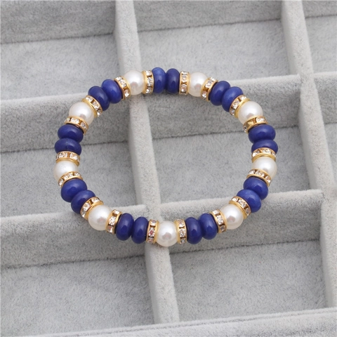Bracciale Di Künstliche Perle Stile Lapislazzuli Con Künstliche Perle Artificiali E Distanziatori In Lega Strass Per Donna Gioielli Elastici Moda