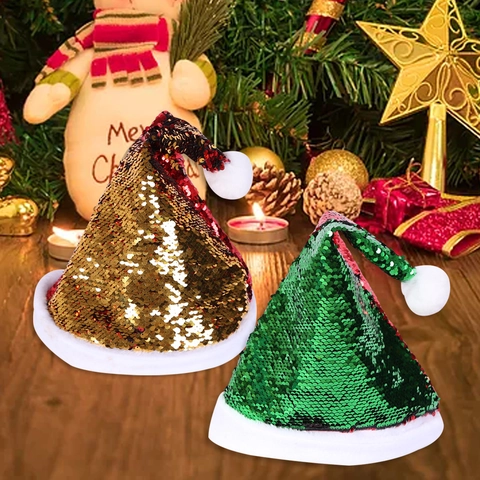 Cappello Di Babbo Natale Con Paillettes Reversibili Decorazione Con Corna Peluche Morbido Festa Adulti Bambini