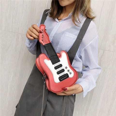 Creative Guitar Shaped Crossbody Bag For Women PU Leather Novelty Shoulder Handbag With Chain Strap Rocker Style