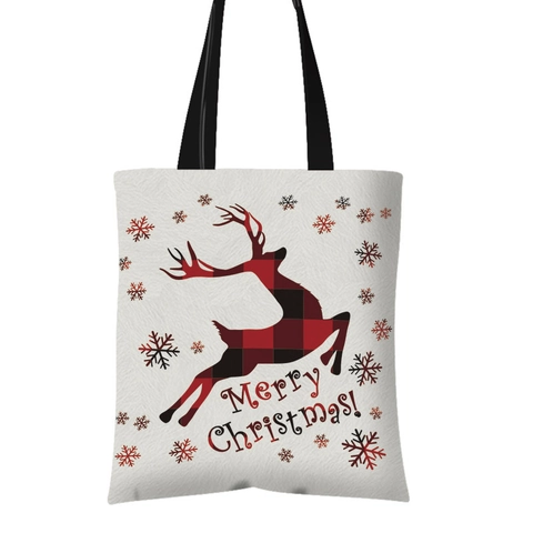 Christmas Canvas Tote Bag Reindeer Truck Snowflake Buffalo Plaid Pattern Reusable Grocery Shopping Gift Handbag