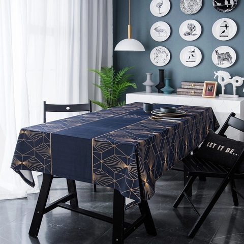Luxury Velvet Tablecloth Modern Geometric Gold Line Navy Blue Digital Print Rectangular Table Cover For Home Dining Room