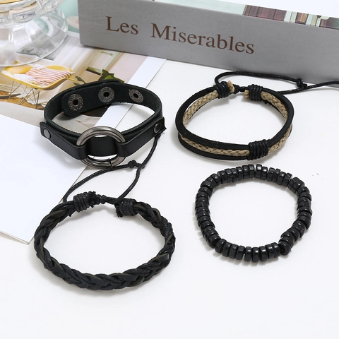 Retro Punk Herren Lederarmband Mehrlagig Gewebtes Hanfseil Holzperlen Legierungsring Nieten Manschette Armreif Schmuck