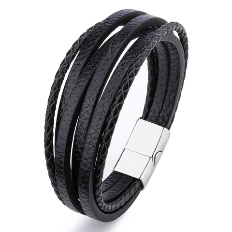 Multi Layer Leather Woven Bracelet For Men With Alloy Magnetic Buckle Retro Punk Style Jewelry