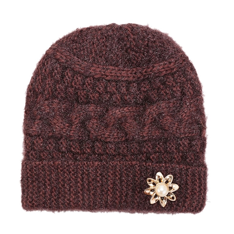 Damen Winter Verdickte Strickmütze Mohair-ähnliche Wollmischung Vliesfutter Warme Omahut Mit Perlenblumen-Dekoration Für Senioren Mittleres Alter Lässig Outdoor Kälteschutz Mütze