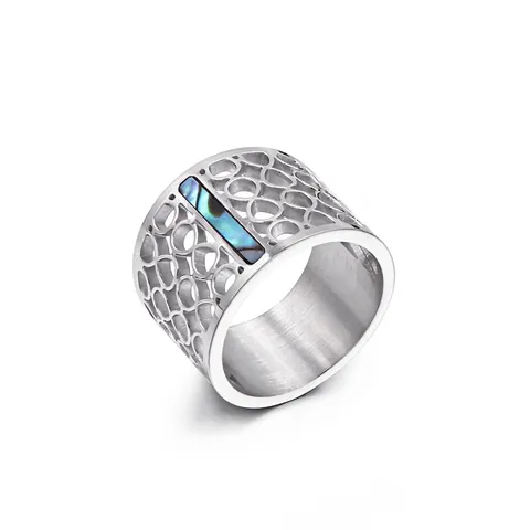 316L Stainless Steel Wide Ring With Hollow Geometric Pattern And Inlaid Abalone Shell Simple Fashion Jewelry For Women