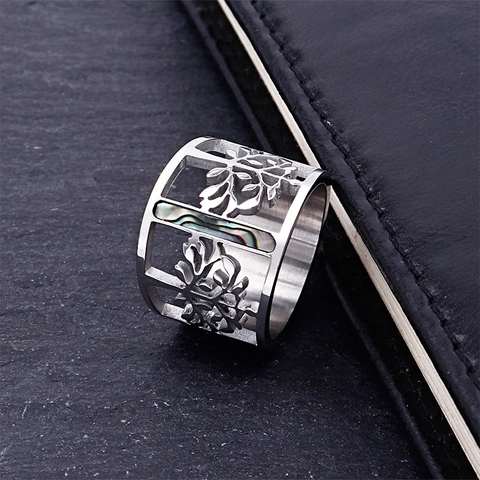 Anillo De Acero Inoxidable Árbol De La Vida Hueco Con Incrustaciones De Concha De Abulón Banda Ancha Dorada