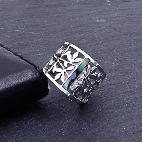 Anillo Ancho Con Patrón De Hoja Calada Acero Inoxidable Chapado En Oro De 18K Incrustación De Concha De Abulón Joyas Vintage
