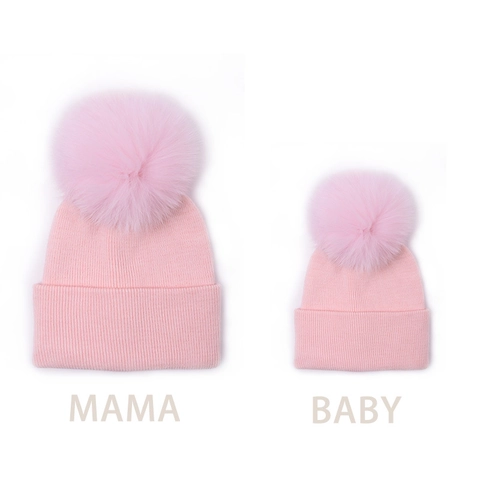 Autumn Winter Parent Child Warm Ribbed Knit Beanie Hat With Large Real Fox Fur Pom Pom Solid Color For Women Kids