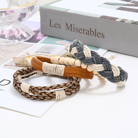 Men Vintage Bracelet Genuine Cowhide Leather Wood Beads Hemp Rope Woven Layered Bohemian Adjustable Ethnic Casual Jewelry
