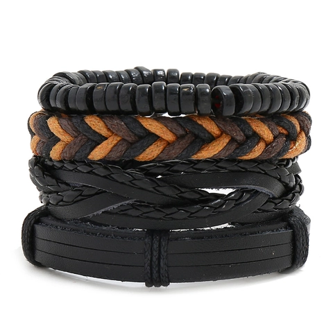 Vintage Mehrlagiges Geflochtenes Armband Spaltleder PU Holzperlen Wachsseil Verstellbar Boho Herrenschmuck