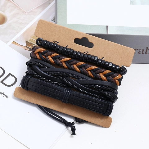 Vintage Mehrlagiges Geflochtenes Armband Spaltleder PU Holzperlen Wachsseil Verstellbar Boho Herrenschmuck