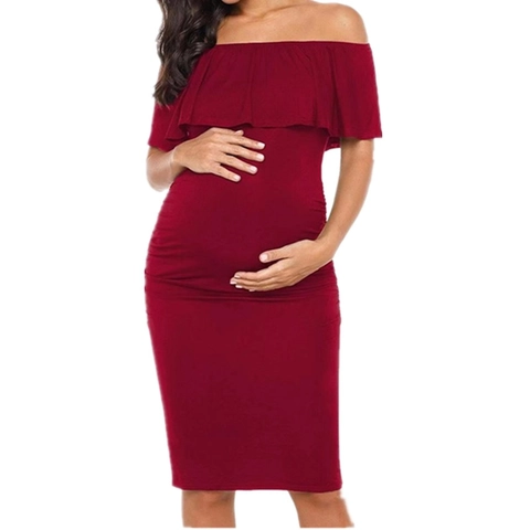 Maternity Off The Shoulder Ruffle Midi Dress Ruched Side Bodycon Solid Color Pregnancy Wear Polyester Cotton