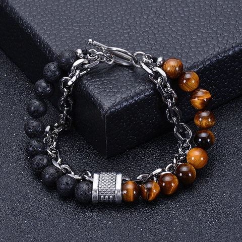 Natural Tiger Eye Lava Stone Beaded Bracelet Men Stainless Steel Chain Double Layer Handmade Jewelry With Toggle Clasp
