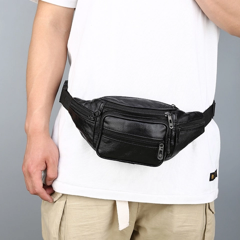 Riñonera De Negocios Para Hombre Cuero Oveja PU Cremallera Multicapa Bolso De Pecho Impermeable Para Viajes Al Aire Libre Negro