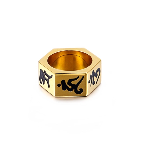 Anillo Tuerca Hexagonal Acero Inoxidable Mantra Seis Palabras Grabado Sánscrito Religioso Estilo Punk Joyas Hombre