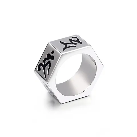 Anillo Tuerca Hexagonal Acero Inoxidable Mantra Seis Palabras Grabado Sánscrito Religioso Estilo Punk Joyas Hombre