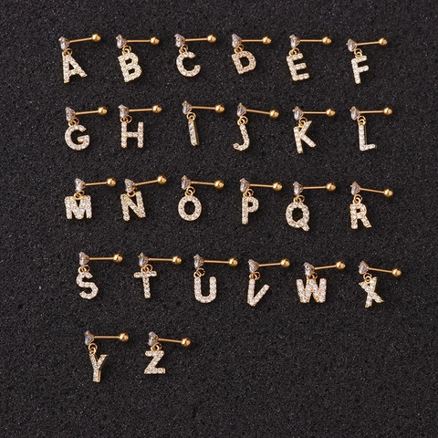 Letra A-Z Tragus Stud Pendiente Varilla Acero Inoxidable Cobre Circón Cartílago Piercing Joyería Para Mujeres Oro Plata Color