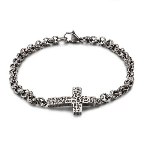 Vintage Kreuz Anhänger Armband Und Halskette Retro Titan Stahl Gothic Schmuck Für Herren Antik Silber Finish