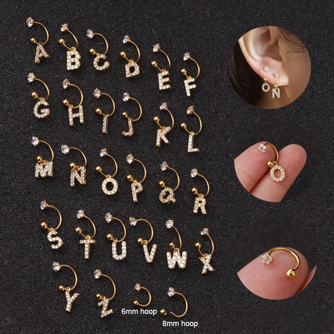 Initialen Alphabet Buchstaben Anhänger Ohrknorpel Piercing Creolen Edelstahl Zirkonia Eingelegt C Form Mode Schmuck