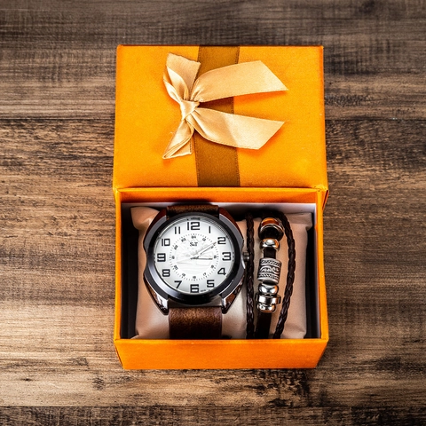 Men's Fashion Simple Quartz Watch And Braided Bracelet Set Alloy Case PU Leather Strap Wristwatch Pairing With Gift Box