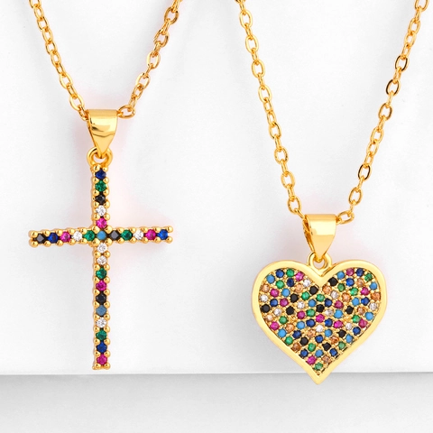 Collana Con Ciondolo A Croce E Cuore Rame Placcato Oro 18K Zircone Colorato Micro Pave Gioielli Di Moda Per Donna