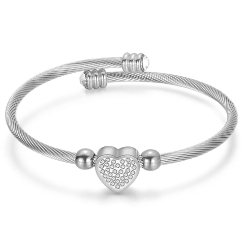 Stainless Steel Heart Cuff Bracelet For Women Twisted Cable Wire Adjustable Bangle With Zircon Inlaid Fashion Jewelry